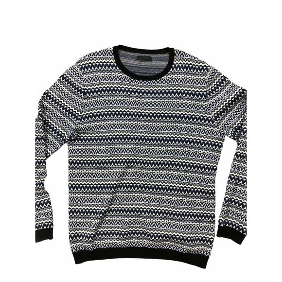 ASOS Mens Sweater Large Blue White Geometric Crewneck Long Sleeve Cotton - Picture 3 of 11